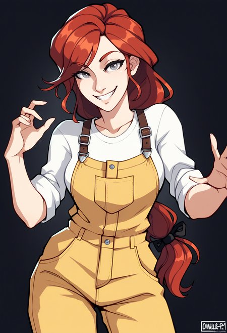 score_9, score_8_up, score_7_up, score_6_up, score_5_up, score_4_up,
BREAK
1girl, abella funger, red hair, grey eyes, low-tied long hair, long hair, hair ribbon, tied hair, swept bangs, smile,
BREAK
solo, standing, yellow overalls, brown takn top, 
BREAK
black background, simple background, dynamic pose, dark, <lora:Lunas-Abella-Funger-SDXL-A1:1> <lora:Lunas-Owler-SDXL-A1:1>
