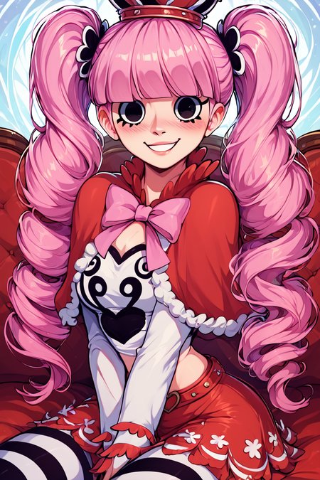 score_9, score_8_up, score_8, medium breasts, (curvy), cute, eyelashes,      ,,, zzPerona,  black eyes, long hair, twintails, pink hair, blunt bangs, drill hair,   crown, capelet, skirt, shirt, red capelet, striped, crop top, long sleeves, bow, <lora:Perona_OnePiece_PDXL:0.8> ,,, hand between legs, blush, smug,  ,,,  smile, looking at viewer, blush, blurry, couch, sitting,   ,,, <lora:Afrobull_PDXL_v5:0.8>, ,  ,,, BREAK,   smile, looking at viewer, cowboy shot,   embedding:zPDXL, Expressiveh, <lora:SDXLFaeTastic2400:0.5>,  <lora:Expressive_H-000001:0.4>,