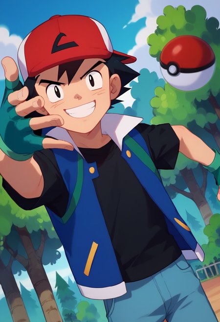 score_9, score_8_up, score_7_up, EminemThrowingMeme, motion lines, motion blur, throwing, (throwing object:1.2), pokeball, throwing pokeball, dutch angle, 
solo, 1boy, ash3, black hair, black eyes, happy, grin, red hat, baseball cap, blue jacket, white sleeves, short sleeves, black shirt, fingerless gloves, jeans, 
outdoors, trees, sky,