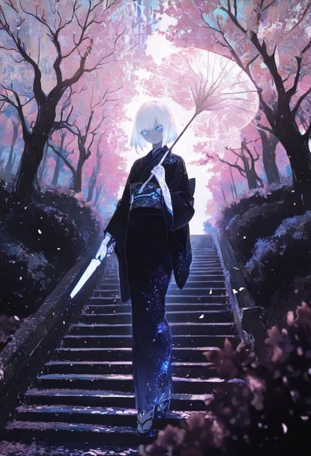 masterpiece, best quality, good quality, very awa, newest, highres, absurdres, 1girl, solo,  
Cherry blossom, 
 limited palette, sketch, glowing, psychedelic,
BREAK 
ambient occlusion, raytracing, soft lighting, blum effect, masterpiece, absolutely eye-catching, particles, glow, shining, intricate cinematic background, (beautiful face), looking seductive, coy. dynamic action image,  
BREAK 
masterpiece,amazing quality,best quality,ultra-detailed,8K,illustration,CG, ultra-detailed-eyes, detailed background,cute girl, eyelashes, erotic, petals falling, 
Cherry blossom, blurry foreground, branch
BREAK
(sexy, slutty, hot, aroused) 
Automaton, colored skin, robot girl, robot joints, white hair, blue eyes, short hair, metal_skin, barcode,
BREAK
 flower, outdoors, day, blurry, tree, petals, leaf, sunlight, plant, building, scenery, nature, blurry foreground, stairs, bush, wide shot, dappled sunlight, falling leaves, limited palette, kimono, holding umbrella,