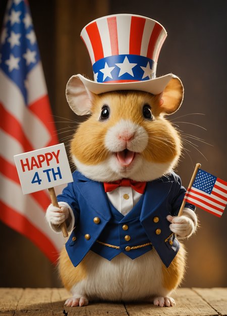 hamster uncle sam holding sign  sign: "happy 4th" <lora:add-detail-xl:1>,  epic shot, sharp image, dramatic lighting, highest quality, 8k, vivid colors