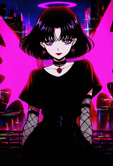 (masterpiece, best quality, good quality, very aesthetic, absurdres),    1girl, solo, eyelashes, (beautiful eyes),   pink neon, goth,  red hair, curvy, glowing, full body, city, neon, fishnets, cyberwings, (glitch), torn clothes, horns, halo, (dynamic pose, close up, incoming attack:1.1), 1girl, solo, looking at viewer, smile, short hair, bangs, shirt, black hair, jewelry, closed mouth, purple eyes, earrings, choker, necklace, parted bangs, black shirt, black choker, lipstick, portrait, red lips, anime coloring, tomoe hotaru, looking at viewer, short hair, black hair, closed mouth, purple eyes, parted bangs, black shirt, black choker, red lips, anime coloring, tomoe hotaru , <lora:GothRetroNAI:0.8>,