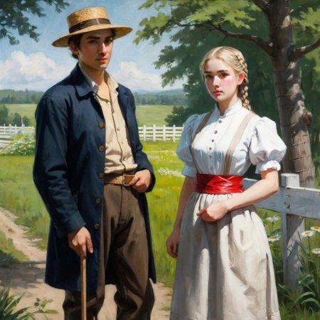 Oil painting, day, (((2persons))), outdoors, (summer), a young woman stands in the center, a young man stands next to her in the left part of the image. She is (barefoot), wearing a black ankle-length skirt with [[red flowers]], covered by a white apron, a red waistcoat and belt, and a white shirt with rolled up sleeves, her blonde hair is braided with a [red ribbon]. She looks at the small (daisy) in her hands. He is standing with a cane and looking at her, a (brown coat) is draped over his back, his hands are not in sleeves, a light straw hat is on his head, gray trousers are tucked into black boots. In the right part of the image behind are [two turkeys]. In the background is a wooden fence, behind which is a (green forest). ng_deepnegative_v1_75t