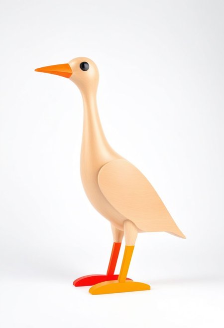 (expert craftsmanship:1.8), (high resolution, product photography, photo studio background:1.2), (modern wooden toy animal, avian creature:1.8), (fine wood, realistic wood material:1.5), (simple form, abstract form, multiple parts:1.9), (finely crafted parts, simple shape, elegant shape, ambiguous shape, stout shape, innocent shape:1.4), (painted, comfortable, playful, friendly:1.5), (tall, lanky, whimsical:1.7), (Bauhaus Design aesthetic:1.7)