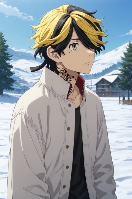 score_9, score_8_up, score_7_up, source_anime, rating_safe, , , , , 1boy, solo, male focus, <lora:kazutora_hanemiya_pony:0.82>, kazutora_hanemiya, blonde hair, yellow eyes, short hair, multicolored hair, two-tone hair, black hair, hair over one eye, bangs, tattoo, neck tattoo, mole, mole under eye, from afar, full body, snowy field, day, sunny, kneeling, speaking, talking, ,, <lora:sdxl_lightning_8step_lora:1>