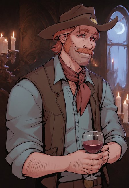 score_9, score_8_up, sam walls, cowboy hat, redhead, neckerchief, mustache, red eyes, facial hair, vest, shirt, upper body, smile, castle, candles, window, moon, looking at viewer, holding a glass of wine, 