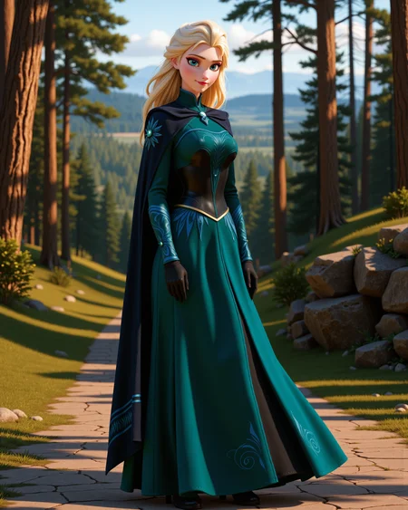 -looking at viewer, outdoors daylight, a 20 year old adult mature woman.
3d CGI Style,  side view photo of.
<lora:Frozen_-_Elsa_v2_000030:1> f-elsa, blue eyes, blonde hairdark teal long-sleeved dress with black bodice, blue patterns, dark cloak, gloves, traveling boots
Upper Body view passport style