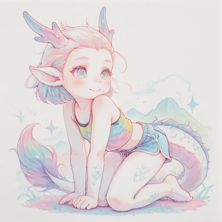 highly detailed, traditional media, cute, colorful, solo, dragon, tank top, shorts, full body
