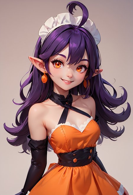 score_9, score_8_up, score_8, medium breasts, (curvy), cute, eyelashes, radiant eyes, detailed eyes,  BREAK, 
,,,  
criss-cross halter, 
StardustPumpkinsCitronOC, solo, long hair, purple hair, orange eyes, ahoge, pointy ears, orange dress, elbow gloves, bare shoulders, maid headdress, jewelry, earrings,,,, 
  BREAK, smile, looking at viewer,   zPDXL, Expressiveh,