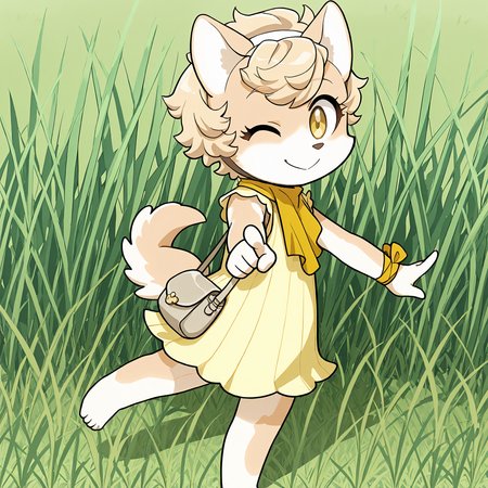 BREAK, <lora:Chick_Montblanc_Illustrious_V1:1>, Chick Montblanc, Fuga: Melodies of Steel, kemono, furry female, 1girl, dog girl, beige fur, white fur, multicolored fur, yellow eyes, blonde hair, short hair, animal ears, dog ears, dog tail,
BREAK, Fuga 1 Outfit, barefoot, yellow dress, sleeveless, handbag, yellow neckerchief, wrist ribbon, hairband,
BREAK, solo, outside, grass, standing, one eye closed, smile, pointing at viewer, looking at viewer,