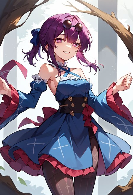 score_9, score_7_up, source_anime, solo, come hither, smile, cowboy shot,  BREAK  <lora:kafkahsr-ponyxl-bshi-v1:1> KafkaHSR, pince-nez, eyewear on head, purple hair, sidelocks, short ponytail, purple eyes, empty eyes,, hair ribbon, frilled choker, criss-cross halter, sleeveless dress, high-waist skirt, backless dress, blue dress, waist blue bow, detached sleeves, frilled sleeves, wide sleeves, blue sleeves, black pantyhose, patterned legwear, pinstripe pantyhose, mary janes, layered dress,