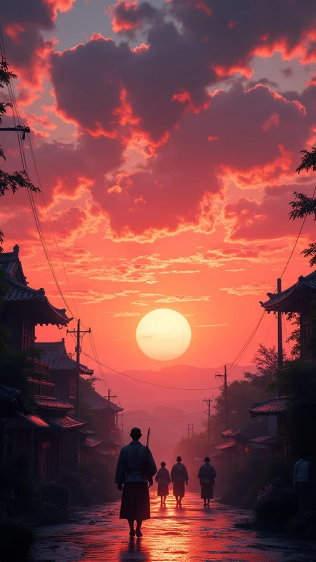 by Alejandro David Hunt and Jim Henson, The sky above the historic Russo-Japanese War is ablaze with orange and pink hues as the sun begins to set. In the distance, a group of soldiers nightshirt and leggingsed in traditional Japanese clothing march through the streets, Unnatural Art, Sunlight, F/5, detailmaximizer, midjourneyv6.1