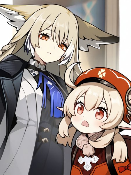 masterpiece, best quality, very aesthetic, highres, absurdres,(miurahha, bacius, ririko \(fhnngririko\):0.4), <lora:vulpisfoglia:1>, 2girlsï¼vulpisfoglia (arknights), klee_(genshin_impact)