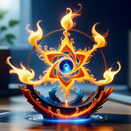 Harmonious fusion of elements, earth air fire earth and ether combined in a pentagonal shape in seamless integration, earth grounding and stable, water flowing and fluid, air swirling and free, fire vibrant and warm, united in perfect balance, elements intertwining gracefully, serene and dynamic, vibrant flames, coexistence of contrasts, nature's optimal quality, synergy of forces, essence of unity, balanced natural forces, peaceful coexistence, elemental harmony, timeless and eternal, highly detailed, masterpiece, 32k, UHD quality, pentangle.