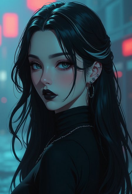(8k resolution, absolute masterpiece, ultra detailed, best quality, masterpiece, colorful, highest detailed), (intricate details), (hyper-realistic), (dynamic angle), 1 girl, 20yrs old japanese girl, goth girl, solo, long black hair with white highlights, slit pupils, closeup, face focus, closed lips, black lipstick, makeup, dark eye shadow, coloured background, wearing a skin-tight black turtle neck, foggy, cool tones, looking past the camera, posing, cross necklace, pierced ears, multiple ear piercings