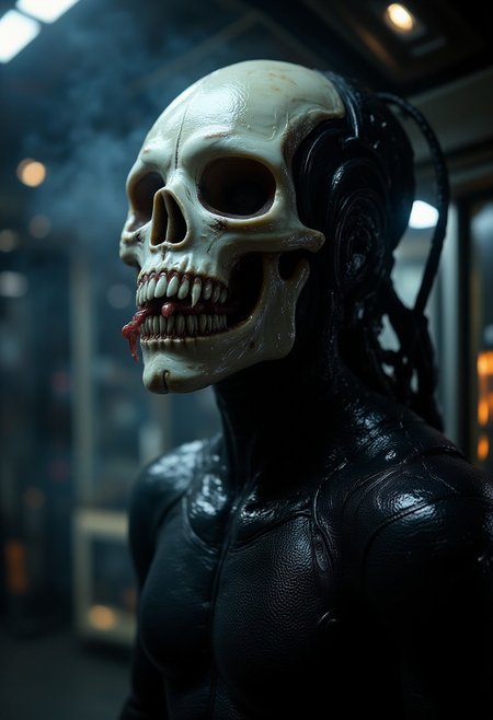 a hyper-realistic, professional-quality photograph of a  a realistic and eerie sci-fi scene featuring a humanoid figure with a grotesque, skull-like helmet. The helmet is highly detailed, with a pale, bone-like texture, large hollow eye sockets, and grotesque, twisted appendages protruding from the mouth area. The figure's body is draped in a dark, form-fitting suit, possibly made of a synthetic material that reflects faint light, adding to the ominous atmosphere. The background is an industrial, dimly lit environment with cold, metallic surfaces, flickering lights, and faint smoke or fog, giving the impression of an abandoned or hostile space station. The lighting is stark, casting deep shadows across the figure, highlighting the disturbing details of the helmet. The overall texture is gritty and realistic, with every crease and contour of the helmet and suit meticulously rendered, enhancing the unsettling and mysterious mood of the scene, lifelike quality,midjourneyv6.1