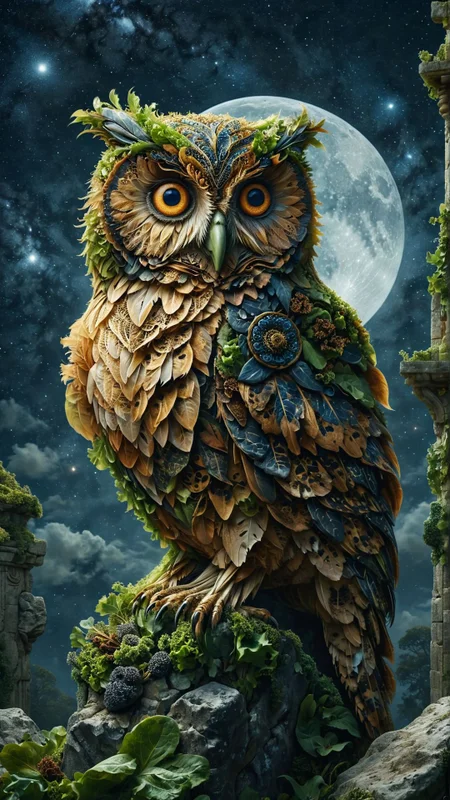 hyper realistic, a giant owl with celestial patterns on its feathers, perched on an ancient stone monument under a starry night sky, mystical and serene atmosphere, soft moonlight 
 <lora:ral-sld:1> ral-sld
<lora:add-detail-xl:1>
<lora:MJ52:0.35>,
<lora:SDXLFaeTastic2400:0.325>,
(settings by AIDigitalmediaaggency:0.0001),
OverallDetailXL