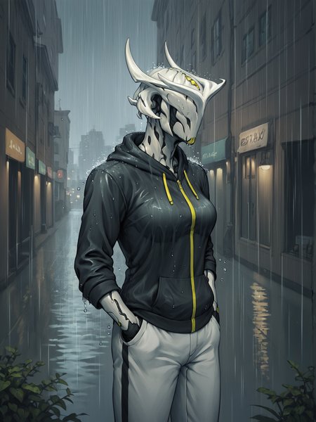 score_9, score_8_up, score_7_up, score_6_up, score_5_up, score_4_up, best quality, highres, detailed background, outside, rain, city BREAK
<lora:OberonWF_PDXL:0.7> oberonwf, white body, yellow highlights, eyeless, mouthless, looking away, head down, black hoodie, hand in pocket, medium breasts, water drop
