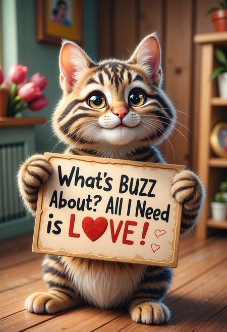 A very cute and needy looking tabby cat with dreamy eyes, playfully holding a sign that says Whats Buzz About?, All I Need Is Love! â¤ And yeah i dont know how to spell, im just a cat!,