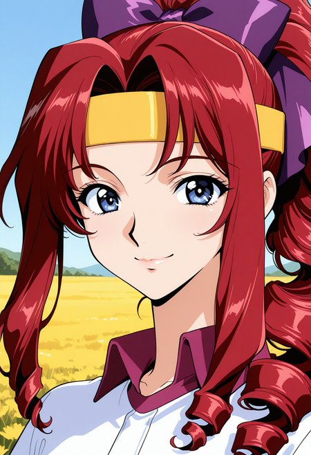 shindou_tamaki, blue eyes, red hair, long hair, drill hair, ponytail, hair ribbon, purple bow, yellow headband, short sleeves, sportswear,  <lora:asuka120_shindou_tamaki_illustrious_ver1:0.8> 
smile,, masterpiece, best quality, general,, 1girl, solo, (field:1.2), (blue sky:1.2), looking at viewer,, (upper body:1.2), (close-up:1.2), (facing viewer:1.2), (open eyes:1.4), (portrait:1.2)