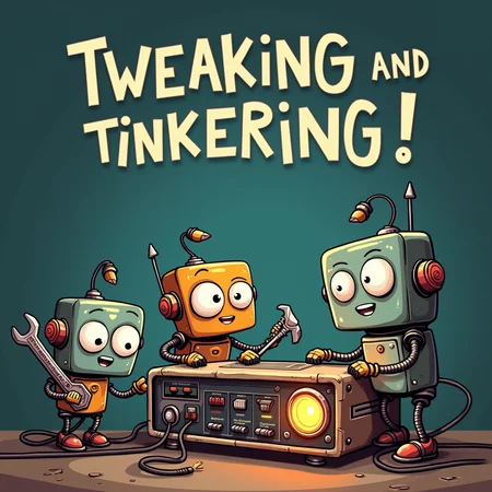 A group of adorable, tiny robot characters with big eyes and friendly expressions are busy "tweaking and tinkering" on an old, slightly rusty server. One robot is holding a giant wrench, another is poking at wires with a screwdriver, and a third is adjusting a glowing button with a determined look. The phrase "Tweaking and Tinkering!" is displayed in bold, playful fonts above them.