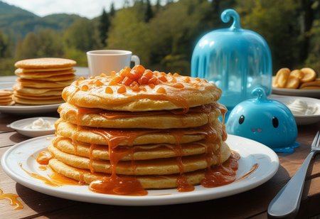 foodphoto, a stack of pancakes made out of slime, slime pancakes, slime syrup, pancakes covered in syrup, a swirl of whipped topping on top of a stack of pancakes, slime whipped cream, plate made of slime, table made of slime,
natural light, no bright spots, 
((translucent slime)), ((transparent slime)), made of water, (bioluminescent slime), sl1m3d, slime, slime-morph, ais-blmn, saturated colors, no creatures, no humans, no monsters, no pokemon, scenery only, scenery,