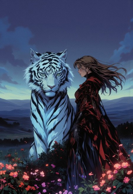 high quality details, the realism of the image must be maximal and of high quality, image quality must be maximum, image rendering must be maximum, the image must have a lot of detail and be very complex, 
drkfnts  style. A beautiful woman with flowing light brown hair and piercing green eyes stands gracefully beside her companion, a majestic tiger with ne0nfant4sy   bioluminescent fur, fierce but loyal. The tiger, a marvel of contrasting artistry, stands tall and proud, its fur and body made up of intricate details, its body radiating a soft, ethereal glow. The woman, radiating grace and elegance, wears a flowing gown of swirling black and red that blends seamlessly with the ethereal landscape. The scene is set against a backdrop of a timeless realm where magic and nature intertwine, bathed in the soft glow of a twilight where mythical magic and fierce nature blend seamlessly. Rolling hills stretch out towards a horizon veiled in a soft, rolling mist. Beautiful flowers bloom at their feet, their petals shimmering with a gentle luminescence. This image captures the ethereal beauty and harmonious unity of contrasting forces, a testament to the enduring power of companionship and the enchanting mystery of their shared guardianship over a realm of balance and duality. mythp0rt