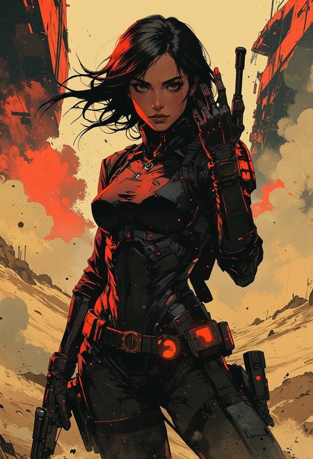 in the style of ck-mgs, nistyle, Inkplash art on rice paper, sepia, henna, Silhouette Art, magnificent, inksplash, closeup portrait, female bounty hunter, flowing black hair, reflective black and neon red armor, futuristic armor, a rifle strapped to her back, holstered pistol, holding hand up to block dust flying in her eyes, abstract background suggesting a harsh desert world, Spaceships flying overhead, dust storm, windy, 
Cowboy Shot, close up,