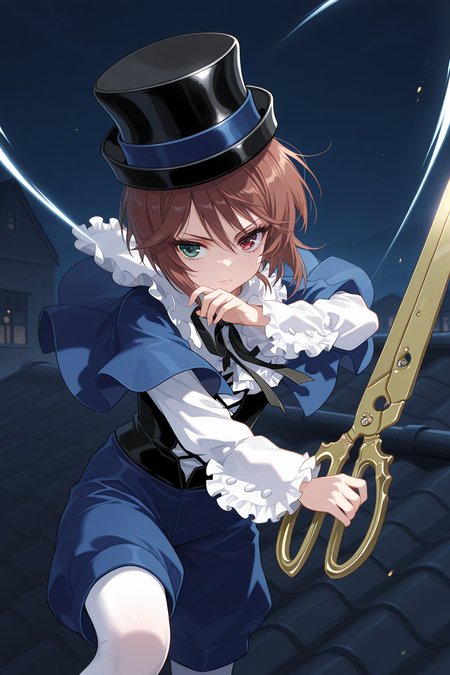 1girl, SouseisekiRozenMaiden, 
general, solo, upper body,
eyelashes,
top hat, kodona,
frilled shirt collar, neck ribbon, blue capelet,
white shirt, long sleeves,
black corset,
blue shorts, white pantyhose, 
battle, serious, holding scissors, oversized object, slashing,
black theme, night, on roof,
<lora:kp_SouseisekiRozenMaidenIllustrious_v1_0:1.0>,
masterpiece, best quality, amazing quality