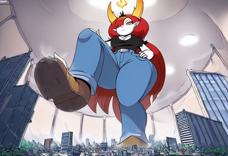 score_9, 1girl, solo,hekapoo, white skin, red hair, very long hair, hair over one eye, horns, tiara, small fire, pointy ears, black shirt, short sleeves, cleavage, jeans, belt, boots, full body, (high quality, high res, 4k, best anatomy:1.8), giantess, standing, facing viewer, under foot pov, hyper hips, leg up, foot focus, from below, city underneath, indoors background.