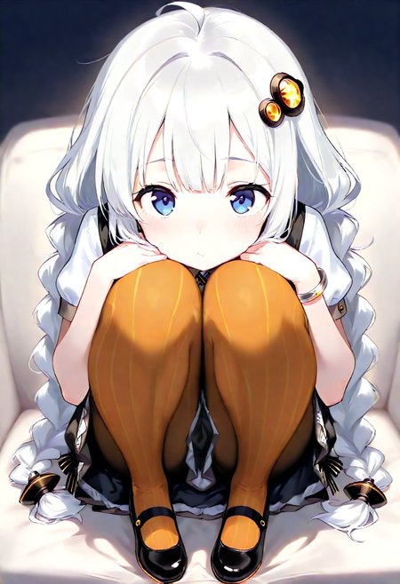 ((((((masterpiece)))))), ((((((best quality)))))), ((((((very aesthetic)))))), ((((((absurdres)))))),  masterpiece, best quality, absurdres, facing viewer, hair ornament, black dress, short sleeves, striped legwear, pantyhose, full body, modern college girl, solo, 18 years old, cute, college, dramatic lighting, pretty girl, (young), very kawaii, kawaii,  face focus, close up,
1girl, Kizuna Akari, white hair, blue eyes, braid,