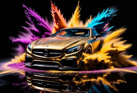 GOLD LIQUID METAL sports car, race car, racing through SILVER LIQUID METAL, liquid metal sprays up from the cars tyres, Car drifting in a black void, huge Colorful Powder Explosion above the car