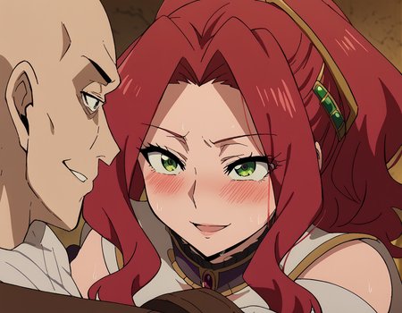 score_9, score_8_up, score_7_up, source_anime, <lora:malty-melromarc-s1s2s3-ponyxl-lora-nochekaiser:1>, malty melromarc, long hair, green eyes, red hair, parted bangs, ponytail, medium breasts, anime screencap, <lora:hey-i-could-have-died-ponyxl-lora-nochekaiser:1>, hey i could have died, blush, looking at another, smile, sweat, anger vein, eye contact, open mouth,, <lora:faceless-ugly-man-ponyxl-lora-nochekaiser:1>, faceless ugly man, faceless, ugly man, fat, faceless male, fat, bald, mature male,,