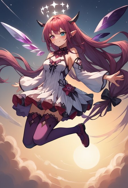 score_9, score_8_up, source_anime, 1girl, solo, IrysBase, heterochromia, purple eye, blue eye, long hair, double halo, detached wings, white dress, detached sleeves, bare shoulders, purple thighhighs, mid air, floating, smile, :d, blush, medium breasts, <lora:CHAR-IrysPonyXL:1>