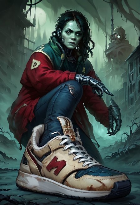score_9, score_8_up, score_7_up, w4rh4mm3r style oil painting, grimdark, 18 year old female cyborg, eerie horror background, foggy, hud_sh03_sh0w, foreshortening, looking at viewer, sneakers. wearing cybernetic sneakers