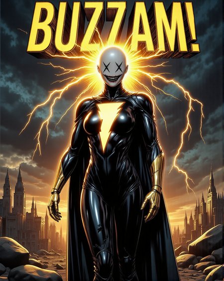 score_9, score_8_up, score_7_up, source_realistic, hyper-realistic details, comic book style, high quality v3, (ultra-HD details), Fantasy detailers.  
A bald female mannequin with a XXDFace design: bold thick stitched-crossed eyes and a big horrendous stitched fanged smile that exudes an eerie yet powerful presence. She wears a sleek **Black Adam-inspired superhero suit**, black with glowing golden lightning icon across the chest, metallic gold gauntlets, and a dark, tattered cape flowing behind her. Her faceless and stitched features add a sinister twist to the powerful, iconic design.  
- The title **“BUZZAM!”** written in jagged, electrified comic-style font at the top of the cover, with glowing golden lightning cracks running through the text for dramatic emphasis.  
- A stormy, apocalyptic sky with swirling dark clouds, vibrant lightning bolts, and golden energy radiating around the mannequin.  
- The broken ruins of a futuristic city lie beneath her feet, emphasizing her dominance and raw power.  
- Bold, comic book-style composition with sharp lines, intense shadows, and vibrant pops of gold against dark tones.  
- Hyper-detailed textures on the suit, including the glowing lightning crackle and the mannequin’s polished, stitched features.  
- Dynamic lighting effects from the lightning bolts and her glowing suit, creating a cinematic, electrifying atmosphere.  
An epic and ominous comic cover that merges the menacing energy of Black Adam with the surreal, eerie presence of a faceless XXDFace mannequin, radiating unstoppable power.