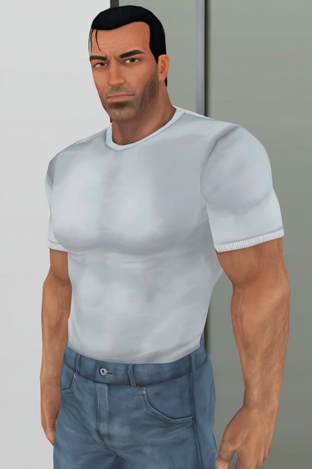 masterpiece, best quality, highres, newest, 3d, realistic, frankcastle, 1boy, solo, male focus, mature male, short hair, black hair, hair slicked back, brown eyes, thick eyebrows, facial hair, stubble, looking at viewer, muscular male, white shirt, t-shirt, short sleeves, blue pants, denim, jeans, arms at sides, standing, cowboy shot, indoors, concrete <lora:Frank Castle - The Punisher (2005) from Video Game v1.0 BETA [LoRA] - NoobAI-XL EPS 1.0:0.8>
