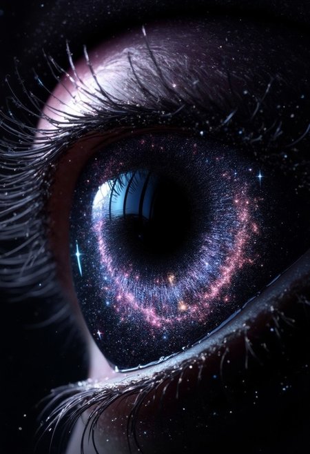 A hyper-detailed close-up of a single eye, titled The Eyes of Infinity, with the iris resembling a vast galaxy. The pupil is a swirling black hole, pulling in faintly glowing stardust. Around the iris, intricate rings of cosmic colors—deep purples, blues, and shimmering silver—spiral outward, giving the sensation of staring into the infinite universe. Delicate veins surrounding the eye are barely visible, resembling thin, ethereal nebula strands, pulsing with light. Tiny reflective particles of stardust float within the tear ducts, and the eyelashes, thick and glossy, are tipped with dewdrop-like stars. The background is entirely black, allowing the eye to feel like a window into another dimension, an overwhelming sense of mystery and the vastness of space. This artwork captures the viewer’s gaze with its profound detail and cosmic beauty, symbolizing the connection between the human soul and the infinite cosmos