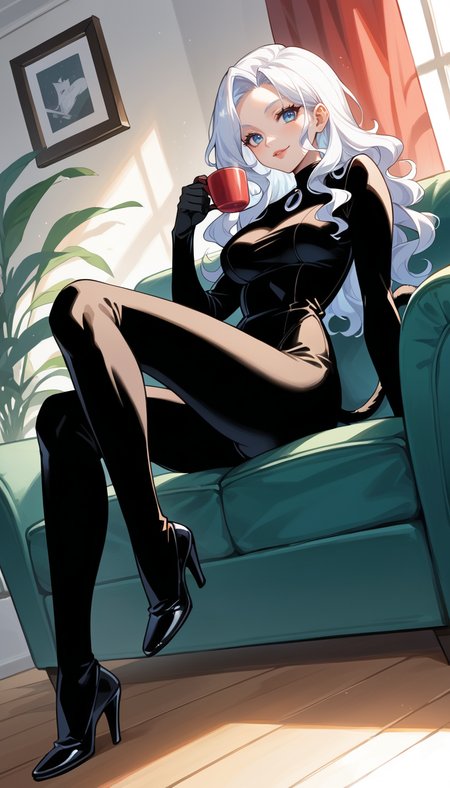 score_9, score_8_up, score_7_up, Anime Style, Full Body Shot, Felicia Hardy, cute, seductive, innocent, light smile:0.3, plump lips, slender body, long luminous neon white hair, wavy hair, in high detailed Black Cat suit, tight black suit with white accents, gloves of her costume form retractable claws at the fingertips, Sitting on the armchair, sipping a cup of coffee, living room of her loft, depth of field, dynamic angle, fashion photography, sharp, hyperdetailed:1.15