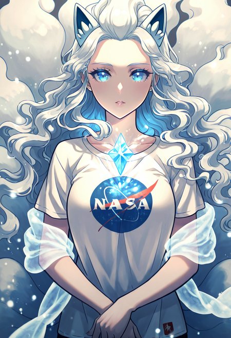 masterpiece, best quality,    zzNinetalesA, 1girl, solo, long wavy hair, front bangs, white t-shirt, crystal shoulder brooches, semi-transparent shawl draped over arms, glowing snow particles, upper-body. Soft light reflects off the icy crystals fastened at her shoulders, catching in her long wavy hair as it drapes over the simple white tee. A translucent shawl shimmers faintly around her arms, animated by an unseen breeze. Her lips are slightly parted as she exhales in wonder, glowing snow particles drifting through the quiet air around her.  N4S4,   ,<lora:NASAShirtAnime_IXL_v1:1.0>,   <lora:NinetalesAlolanPokedex_IXL_v1:0.8>,