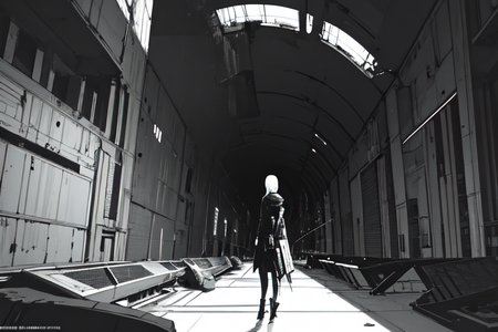 highly insanely detailed, masterpiece, top quality, best quality, highres, 4k, 8k, RAW photo, (very aesthetic, beautiful and aesthetic),  
tsutomu nihei,nihei_tsutomu,blame!,blame gakuen!,abara,TNstyle,sidonia_no_kishi,(space,spacecraft,hangar,mausoleum,lab,sidonia \(ship\),deep horizon,megastructure in background,tower,tunnel,giant room,city ruins),toha heavy industries,letterboxed,ventilation fan,ventilation shaft,bones,light particles, 
<lora:blameLora_v10:0.7>, 
(1girl:1.3), 
solo focus, 
roman architecture background,âââ