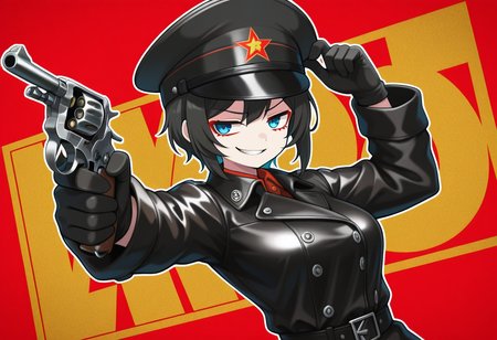 Graphic Design, color art, vibrant colors, colorful, intricate details, high contrast, detailed background, beautiful detailed, beautiful face, detailed eyes, detailed face, newest, new, 1girl, solo, black hair, short hair, blue eyes, military uniform, soviet, upper body, medium breasts, dynamic pose, looking away, evil smile, n4g4n, gun, holding weapon, revolver, (black leather coat:1.3), peaked cap, red star (symbol), aiming, dutch angle,