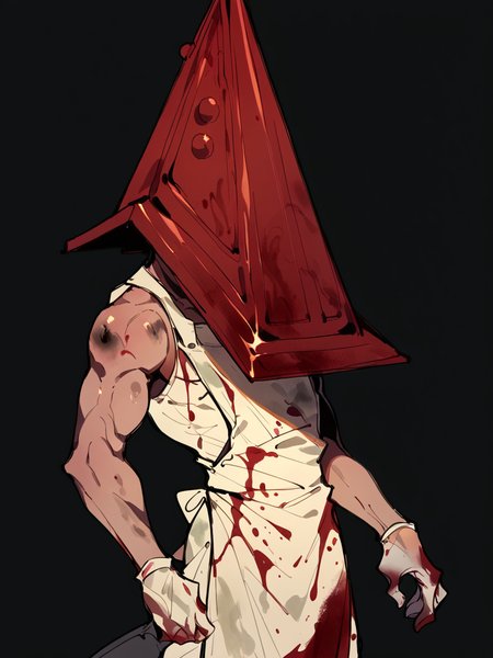 score_9, score_8_up, score_7_up, score_6_up, score_5_up,   <lora:pyramidheadXLP:1> pyramid head, male focus, solo, blood on clothes, dirty, dark background, apron, helmet,