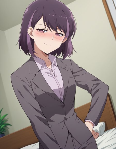 score_9, score_8_up, score_7_up, source_anime, <lora:rika-honjouji-alpha-ponyxl-lora-nochekaiser:1>, rika honjouji, short hair, bangs, purple hair, purple eyes, streaked hair, medium breasts,, shirt, jacket, white shirt, collared shirt, formal, suit, indoors, bed, bed room, on side, blush, drunk,, smile, looking at viewer, smug, hands on hips,, solo,, cowboy shot, dutch angle,
