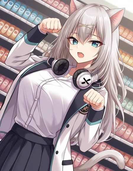 score_9, score_8_up, score_7_up, source_anime, <lora:aina-leminen-ingame-ponyxl-lora-nochekaiser:1>, aina leminen, long hair, bangs, blue eyes, large breasts, hair ornament, hair between eyes, hairclip, x hair ornament, grey hair,, skirt, shirt, long sleeves, school uniform, jacket, white shirt, pleated skirt, open clothes, miniskirt, black skirt, open jacket, dress shirt, white jacket,, music store, browsing records, headphones, vinyl collection, nostalgic, , <lora:paw-pose-ponyxl-lora-nochekaiser:1>, paw pose, cat ears, cat tail, animal ears, tail, cat girl, open mouth, fang, whiskers,, looking at viewer, solo,, dutch angle, cowboy shot