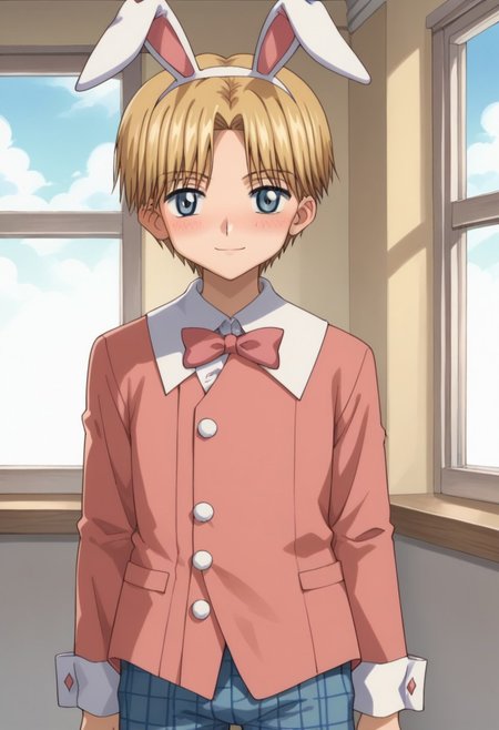 score_9, score_8_up, score_7_up, source_anime, highly detailed, 
rukanogi, 1boy, solo, blonde hair, plaid, short hair, looking at viewer, plaid pants, blue eyes, polka dot, long sleeves, fake rabbit ears, blush, light smile
indoor, window,