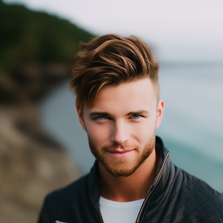 headshot portrait photo of a handsome man standing on a beach staring in the distance, art by PortraitHelper, bokeh, hasselblad,35 f1.8 zeiss lens, sharp focus, extremely detailed, detailed eyes, 4k, studio lighting, perfect composition