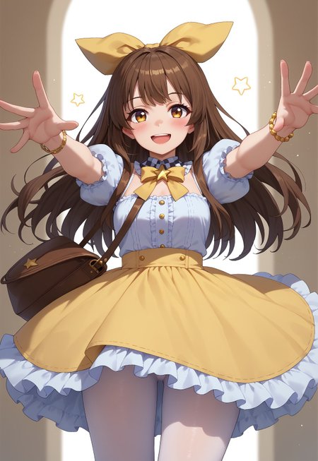 score_9, score_8_up, score_7_up, limgae, 1girl, solo, :d, bag, blush, bow, bracelet, brown hair, checkered, detached collar, dress, frilled sleeves, frills, hair ribbon, jewelry, long hair, looking at viewer, open mouth, outstretched arms, pantyhose, puffy short sleeves, puffy sleeves, ribbon, short sleeves, shoulder bag, smile, spread arms, star (symbol), white pantyhose, yellow bow