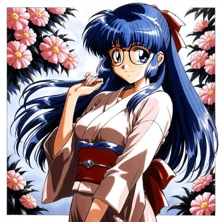 <lora:RC_maria_custardXLanimagine001>,
masterpiece,high score,great score,absurdres,
flower background,glitter,
smile,
looking at viewer,
solo,
anime coloring,retro artstyle,1990s (style),
maria_custard\(rance_series\),1girl,blue hair,half updo,hair ribbon,long hair,blue eyes,glasses,
cowboy shot,standing,
print_kimono,