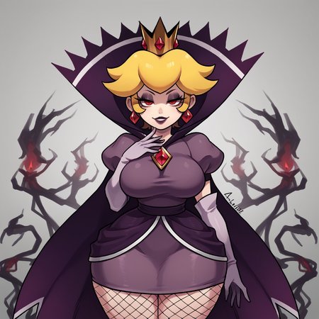 score_9, score_8_up, score_7_up, score_6_up, score_5_up, score_4_up, zPDXL2,source_anime,rating_questionable,  <lora:Shadow_Queen_Peach:0.8> sh4dp3ach, princess peach, blonde hair, short hair,red eyes,purple dress, puffy short sleeves, white gloves, cape, jewelry, goth, fishnets, standing,  evil smile, half-lidded eyes,